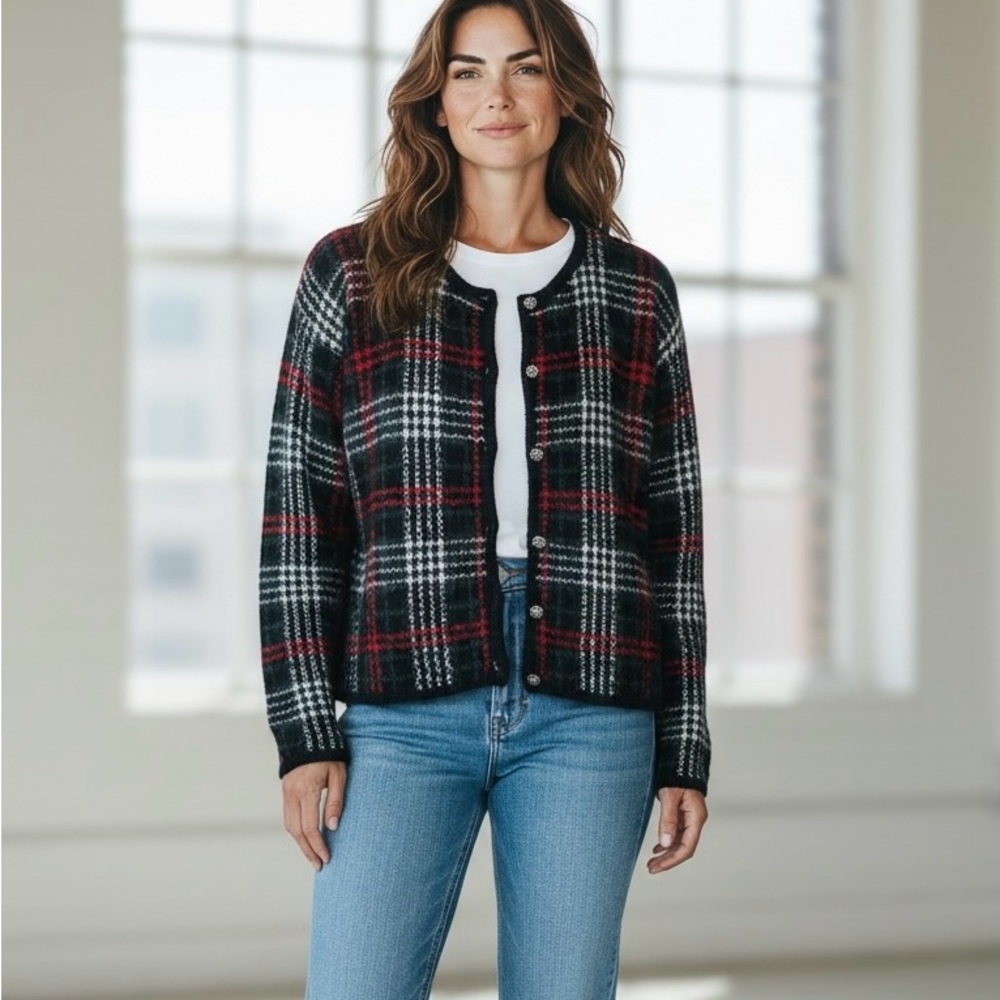 Vintage id Distinctions Cardigan Plaid Mohair Blend Lg. Black Green Red White